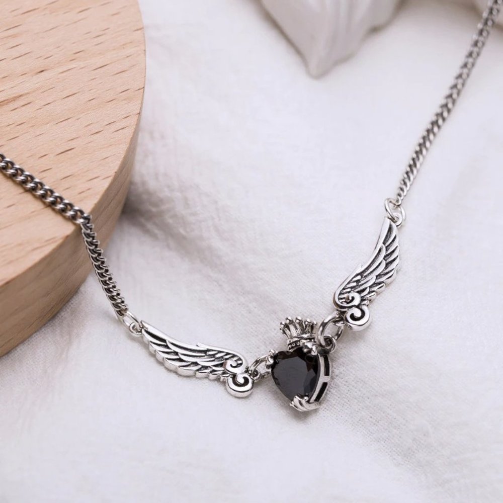 NEW Silver Angel Wings Heart Black Zircon Necklace - Picture 3 of 6